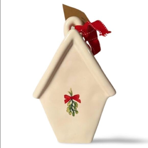 Rae Dunn By Magenta Ceramic JOY Birdhouse Christmas W Mistletoe On Back New. - Picture 2 of 8